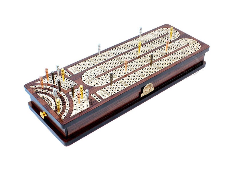 House of Cribbage - Continuous Cribbage Board/Box Inlaid in Rosewood/Maple : 4 Track - Side Drawers with Score Marking Fields for Skunks, Corners and Won Games - Image 1